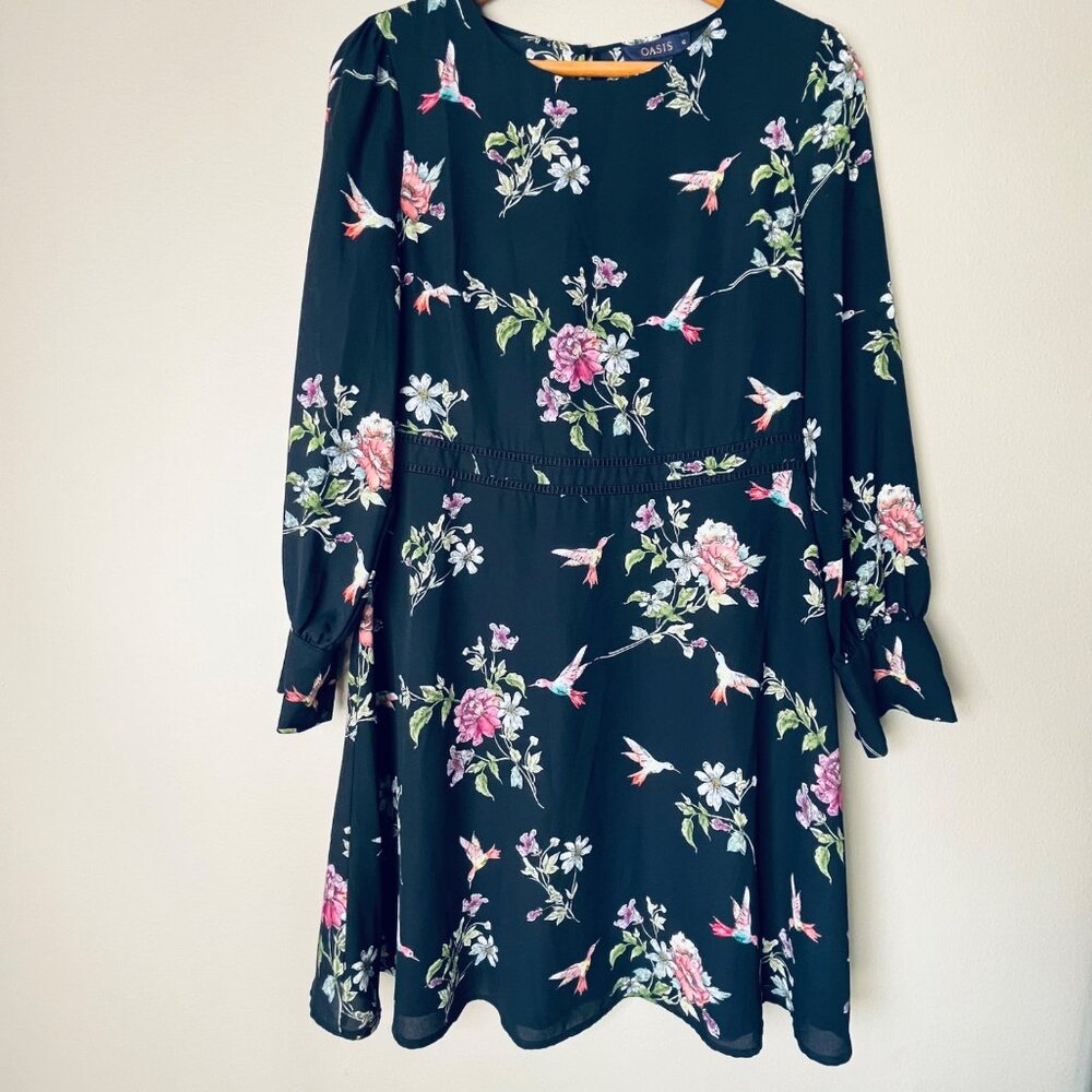 Oasis Long Sleeve Floral Dress Womens Size 12 Knee Length Artsy Hand Drawn Print